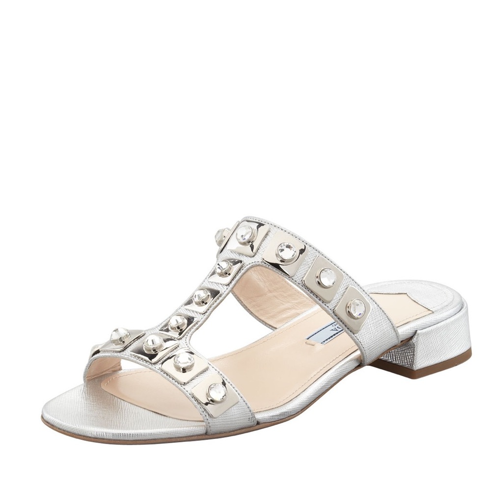 Silver Prada Studded & Jeweled Sandals